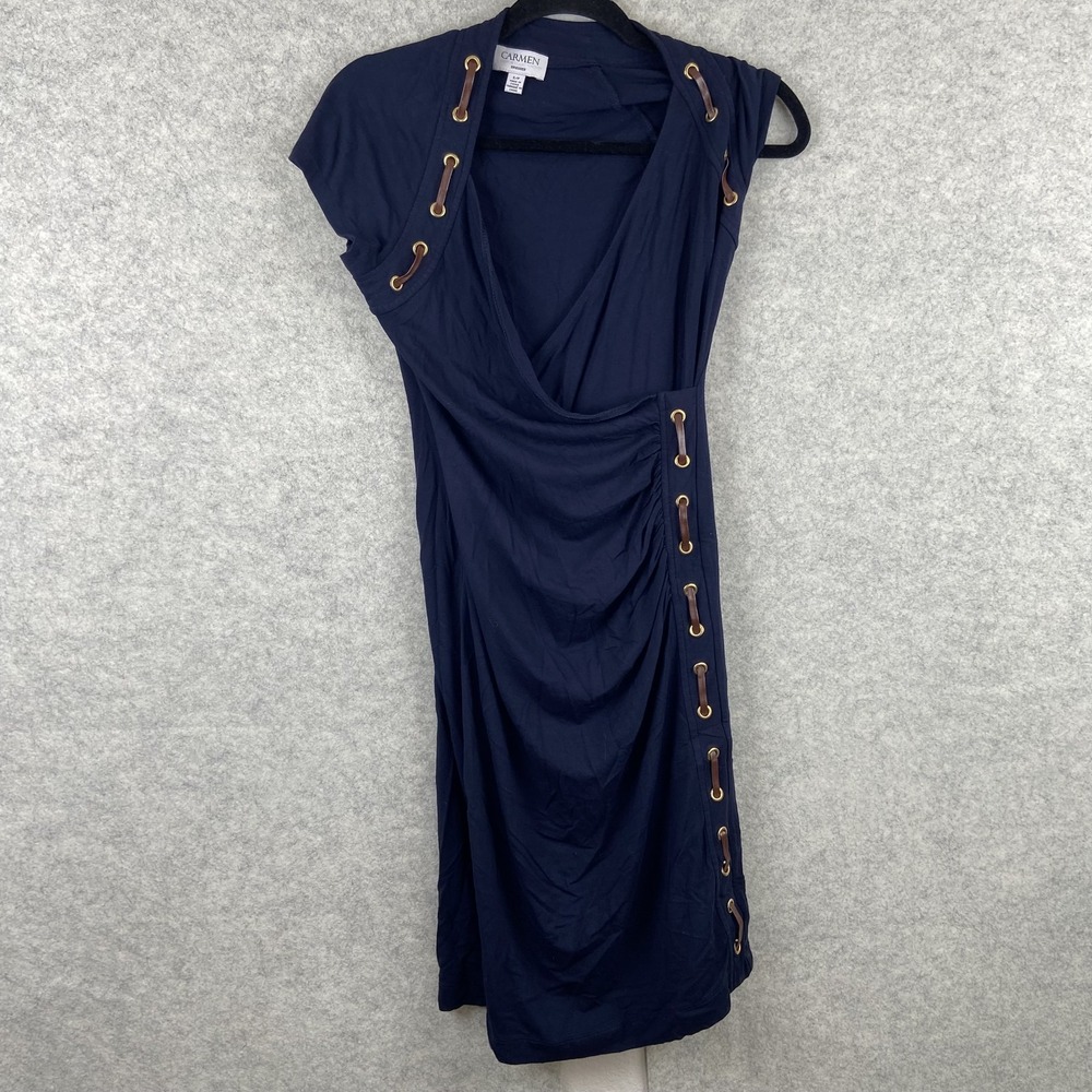 Carmen Marc Valvo Dress Womens PS Blue Faux Wrap Grommet Ruched Midi Cap Sleeve